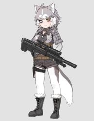 Rule 34 | 1girl, alternate costume, animal ear fluff, animal ears, belt, blue eyes, boots, dog (mixed breed) (kemono friends), dog ears, dog tail, full body, fur-trimmed boots, fur trim, gloves, grey background, grey footwear, grey hair, gun, heterochromia, holding, holding gun, holding weapon, holster, kemono friends, pantyhose under shorts, looking at viewer, multicolored hair, nyifu, pantyhose, short hair, short shorts, shorts, simple background, sketch, smile, solo, standing, tactical clothes, tail, thigh holster, thigh strap, two-tone hair, weapon, white hair, yellow eyes