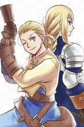 Rule 34 | 1boy, 1girl, agrias oaks, armor, artist name, back-to-back, belt, blonde hair, blue pants, braid, breastplate, brown gloves, final fantasy, final fantasy tactics, gloves, gun, highres, holding, holding weapon, looking at viewer, mustadio bunansa, nose, one eye closed, pants, ponytail, shirt, shoulder armor, simple background, smile, sword, upper body, weapon, yamao105, yellow eyes, yellow shirt
