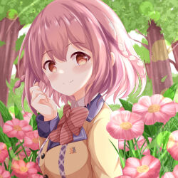 Rule 34 | 1girl, blush, bow, braid, breasts, brown eyes, brown jacket, closed mouth, collared shirt, commentary request, day, diagonal-striped bow, flower, hair between eyes, hand up, highres, hoshizaki akari, jacket, looking at viewer, medium breasts, ongeki, outdoors, pink flower, pink hair, red bow, school uniform, shirt, smile, solo, striped, tree, twin braids, upper body, white shirt, xenon (for achieve)