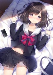 Rule 34 | 1girl, :o, bag, bed, bed sheet, black serafuku, black shirt, black skirt, blush, bow, brown hair, cellphone, collarbone, cowboy shot, day, from above, half-closed eyes, long sleeves, looking at viewer, lying, midriff peek, navel, noda shuha, nose blush, on back, open mouth, original, phone, pillow, pillow grab, pink bow, pleated skirt, purple eyes, sailor collar, school bag, school uniform, serafuku, shirt, short hair, skirt, smartphone, solo, sunlight, swimsuit, w arms, white sailor collar