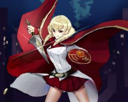 Rule 34 | 1girl, bad id, bad pixiv id, belt, blonde hair, cape, drill hair, erika wagner, pleated skirt, red eyes, shield, short sword, skirt, solo, sword, twin drills, twintails, under night in-birth, weapon, yusano