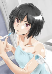Rule 34 | 1girl, amagami, bare shoulders, bathroom, black hair, blue towel, blurry, blurry foreground, blush, bob cut, breasts, brown eyes, brushing teeth, cleavage, collarbone, commentary, depth of field, looking at viewer, medium breasts, messy hair, murasaki iro, naked towel, nanasaki ai, open mouth, pov, short hair, solo, tan, tanline, toothbrush, toothbrush in mouth, towel, upper body, wet