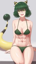 Rule 34 | 1girl, abs, absurdres, ampharos, arm support, bikini, blurry, blurry background, blush, breasts, collarbone, commission, creatures (company), fangs, feet out of frame, game freak, gen 2 pokemon, glasses, green bikini, green eyes, green hair, highres, horns, looking at viewer, medium breasts, mil k vanilla, navel, nintendo, open mouth, original, personification, pixiv commission, pokemon, shiny skin, short hair, sitting, slit pupils, solo, stomach, swimsuit, tail, yellow eyes