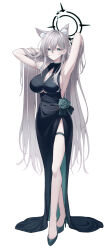 Rule 34 | 1girl, absurdres, animal ear fluff, animal ears, arm behind head, armpits, black dress, blue archive, breasts, cross hair ornament, dress, extra ears, full body, green eyes, green flower, green footwear, grey hair, hair between eyes, hair ornament, halo, hands up, high heels, highres, large breasts, long hair, looking at viewer, luna bloom, mismatched pupils, shiroko (blue archive), shiroko terror (blue archive), simple background, sleeveless, sleeveless dress, solo, standing, thigh strap, two-tone dress, white background, wolf ears