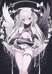 Rule 34 | 1girl, bare shoulders, black background, black bow, black dress, blush, bow, closed mouth, detached sleeves, dress, hair bow, hair ornament, highres, holding, long hair, nanananana, original, pink eyes, sleeves past wrists, solo, white hair, wings