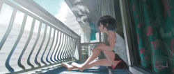 Rule 34 | 1girl, balcony, barefoot, black hair, blue eyes, building, commentary request, curtains, electronic cigarette, from side, hanging, highres, legs, original, outdoors, railing, reoen, shirt, short hair, short shorts, shorts, sitting, sky, smoking, summer, t-shirt, tank top, white shirt