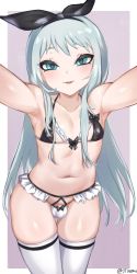 Rule 34 | 1boy, aqua eyes, armpits, black bow, blend s, blush, bow, bra, bulge, collarbone, hair bow, highres, jtveemo, kanzaki hideri, long hair, looking at viewer, male focus, navel, nipples, outstretched arms, panties, parted lips, penis, silver hair, smile, stomach, thigh gap, thighhighs, thighs, trap, underwear, white legwear