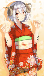Rule 34 | 1girl, absurdres, blush, body writing, brown eyes, cowboy shot, drawing on another&#039;s face, floral print, highres, horns, japanese clothes, kimono, looking at viewer, obi, original, plan (planhaplalan), sash, sheep horns, silver hair, solo