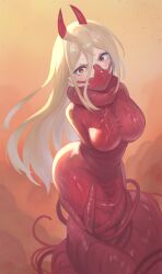 Rule 34 | + +, 1girl, blonde hair, chainsaw man, cocoon, commentary request, gagged, hair between eyes, highres, horns, long hair, looking at viewer, mummification, orange eyes, power (chainsaw man), raftetram, restrained, solo, sweatdrop, tentacles