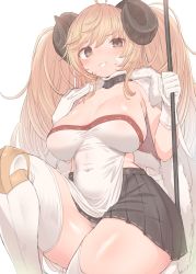 Rule 34 | 1girl, ahoge, anila (granblue fantasy), anila (granblue fantasy) (cosplay), black skirt, blonde hair, blush, brown eyes, cape, cosplay, covered navel, fur-trimmed cape, fur trim, gloves, granblue fantasy, grin, highres, horns, long hair, looking at viewer, makabe gorou, monika weisswind, pleated skirt, simple background, skirt, smile, solo, thighhighs, twintails, white background, white gloves, white thighhighs