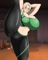 Rule 34 | 1girl, absurdres, arms behind head, arms up, blonde hair, blush, breasts, brown eyes, cleavage, curvy, facial mark, forehead jewel, forehead mark, highres, huge breasts, lipstick, long hair, looking at viewer, makeup, mature female, naruto, naruto (series), naruto shippuuden, smile, solo, tagme, thick thighs, thighs, tsunade (naruto)
