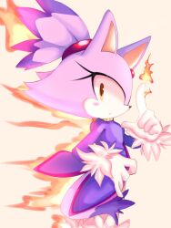 Rule 34 | 1girl, animal ears, blaze the cat, cat ears, cat girl, cat tail, fire, forehead jewel, fur-trimmed gloves, fur trim, furry, furry female, gloves, highres, jacket, looking at viewer, nuinu 17, ponytail, purple fur, purple jacket, simple background, sonic (series), tail, white gloves, yellow eyes