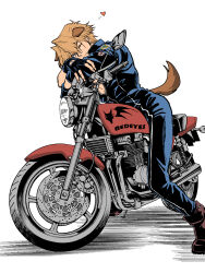 Rule 34 | 1boy, absurdres, animal ears, blonde hair, commentary request, crossed arms, dog boy, dog ears, dog tail, fingerless gloves, from side, full body, gloves, heart, highres, jonouchi katsuya, leaning forward, looking at viewer, male focus, motor vehicle, motorcycle, on motorcycle, one eye closed, short hair, signalkj, sitting, smile, solo, tail, white background, yellow eyes, yu-gi-oh!