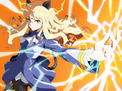 Rule 34 | 1girl, animal ears, black pantyhose, blonde hair, breasts, cat ears, cat tail, closed mouth, glasses, highres, holding, holding sword, holding weapon, lightning, long hair, looking at viewer, military, military uniform, neckerchief, orange background, panties, panties under pantyhose, pantyhose, perrine h. clostermann, simple background, small breasts, smile, solo, strike witches, sword, tabigarasu, tail, underwear, uniform, weapon, white neckerchief, white panties, world witches series, yellow eyes