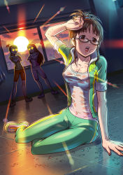 Rule 34 | + +, 3girls, akizuki ritsuko, arm support, bike shorts, breasts, brown eyes, brown hair, cleavage, covered erect nipples, crossed arms, evil grin, evil smile, futami ami, glasses, grin, highres, hot, idolmaster, idolmaster (classic), jacket, long hair, messy hair, minase iori, multiple girls, nail polish, open mouth, see-through, shoes, sleeves rolled up, smile, sneakers, sunset, sweat, takaaki (phantom680), track suit, wet, wet clothes