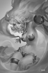 Rule 34 | 1girl, artist name, barbariccia, bikini, breasts, cleavage, final fantasy, final fantasy iv, greyscale, hozure, jewelry, long hair, medium breasts, monochrome, navel, outstretched hand, pointy ears, signature, solo, swimsuit, very long hair