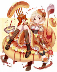 Rule 34 | 1girl, banana, banana slice, blonde hair, bowl, brown eyes, cherry, food, food-themed clothes, fork, fruit, givuchoko, hair ornament, highres, juliet sleeves, licking, long sleeves, looking at viewer, maple syrup, md5 mismatch, morinaga (brand), original, pancake, personification, puffy sleeves, resolution mismatch, shirt, short hair, sitting, skirt, smile, solo, source larger, syrup, whipped cream, whisk