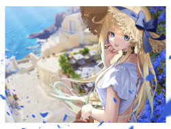 Rule 34 | 1girl, aizawa ema, architecture, bag, bangle, black choker, blonde hair, blue eyes, blue flower, blue ribbon, blunt bangs, border, bracelet, breasts, building, cafe, cat earrings, chair, choker, cliff, crop top, cross-laced clothes, cross-laced top, earrings, falling petals, flower, gradient hair, green hair, hair between eyes, hair flaps, handbag, hat, hat ribbon, highres, holding, holding bag, jewelry, k/o (user thvt7788), lace, lace choker, large breasts, long hair, looking at viewer, looking back, multicolored hair, ocean, outdoors, petals, ribbon, shirt, sidelocks, smile, solo, stairs, standing, straw hat, table, teeth, upper body, upper teeth only, very long hair, virtual youtuber, vspo!, white border, white shirt, wind