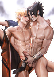 Rule 34 | 2boys, abs, bandages, bara, black hair, blonde hair, blue eyes, blush, collarbone, cum, cum on body, cum on upper body, erection, frottage, handjob, headband, unworn headband, highres, jewelry, konohagakure symbol, lips, looking at another, looking at viewer, male focus, mouth hold, multiple boys, muscular, naruto, naruto (series), naughty face, navel, necklace, nipples, open mouth, pectorals, penis, sakimichan, topless male, sweat, teeth, testicles, tongue, uchiha sasuke, uncensored, undressing, uzumaki naruto, veins, veiny penis, yaoi