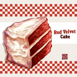 Rule 34 | artist logo, artist name, cake, cake slice, food, food focus, food name, highres, icing, no humans, original, red velvet cake, yuki00yo
