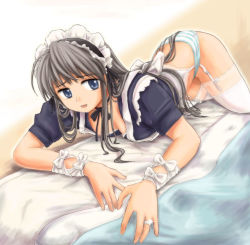 Rule 34 | 00s, 1girl, apron, blue dress, breasts, clannad, cleavage, clothes lift, dress, dress lift, garter belt, green panties, headdress, jewelry, lingerie, long hair, lying, maid, maid apron, medium breasts, on stomach, panties, ring, ryp, sakagami tomoyo, solo, striped clothes, striped panties, thighhighs, underwear, white thighhighs