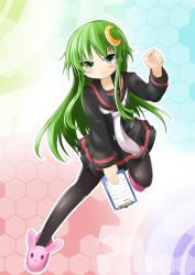 Rule 34 | 10s, 1girl, :3, animal slippers, black dress, black pantyhose, bunny slippers, clipboard, crescent, crescent hair ornament, dress, gradient background, green eyes, green hair, hair ornament, honeycomb (pattern), honeycomb background, honeycomb pattern, ichimi, kantai collection, long hair, long sleeves, looking at viewer, matching hair/eyes, nagatsuki (kancolle), neckerchief, pantyhose, school uniform, serafuku, slippers, solo, very long hair, white neckerchief