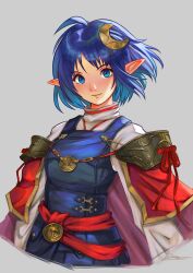 Rule 34 | 1girl, ahoge, blue eyes, blue hair, blush, cape, closed mouth, commentary, crescent, crescent hair ornament, english commentary, grey background, hair ornament, highres, looking at viewer, pointy ears, red cape, rena lanford, short hair, simple background, sketch, smile, solo, star ocean, star ocean the second story, undertow6150, upper body