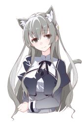 Rule 34 | 1girl, animal ear fluff, animal ears, arm at side, assault lily, black ribbon, black skirt, breasts, brown eyes, buttons, cat ears, cat girl, cat tail, closed mouth, commentary request, cropped jacket, cropped torso, egawa kusumi, flower, grey hair, gumoyu, hair between eyes, hair flower, hair ornament, hand on own arm, high-waist skirt, juliet sleeves, kemonomimi mode, large breasts, light blush, light smile, long hair, long sleeves, looking at viewer, neck ribbon, puffy sleeves, ribbon, school uniform, shirt, sidelocks, simple background, skirt, solo, tail, tail raised, two side up, upper body, very long hair, white background, white flower, white shirt, yurigaoka girls academy school uniform