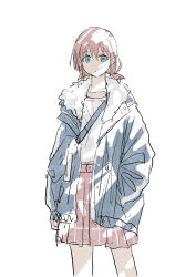 Rule 34 | 1girl, absurdres, blue eyes, blue jacket, brown hair, collarbone, commentary, fur-trimmed jacket, fur trim, girls band cry, hair between eyes, hand in pocket, highres, hood, hood down, hooded jacket, iseri nina, jacket, long sleeves, looking at viewer, low twintails, open clothes, open jacket, plaid, plaid skirt, pleated skirt, red skirt, sakutaro (39ar 39ca), shirt, short hair, short twintails, simple background, skirt, sleeves past wrists, solo, twintails, white background, white shirt