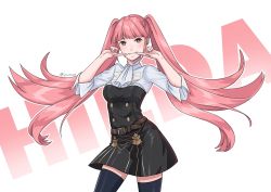 Rule 34 | 1girl, absurdres, aequorine, belt, blue thighhighs, buttons, character name, double-breasted, fire emblem, fire emblem: three houses, garreg mach monastery uniform, grin, highres, hilda valentine goneril, long hair, nintendo, pink hair, short sleeves, simple background, smile, solo, thighhighs, thighs, twintails, twitter username, uniform, very long hair, white background, zettai ryouiki