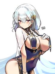 Rule 34 | 1girl, alracoco, alternate costume, azur lane, blush, braid, breasts, commentary request, covered navel, french braid, gloves, hair ornament, hand on own chest, korean commentary, large breasts, looking at viewer, red eyes, revealing clothes, short hair, simple background, sirius (azur lane), sirius (azure horizons) (azur lane), solo, upper body, white background, white gloves, white hair