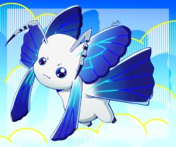Rule 34 | antennae, blue eyes, digimon, flying, morphomon, smile, solo, wings