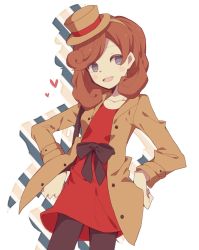 Rule 34 | 1girl, blue eyes, blush stickers, brown hair, catriel layton, drop shadow, fang, hairband, hands on own hips, hat, heart, highres, katrielle layton, layton&#039;s mystery journey, long hair, mini hat, mini top hat, pantyhose, professor layton, smile, solo, top hat