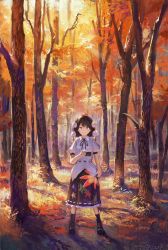 Rule 34 | 1girl, autumn, black footwear, black ribbon, black skirt, boots, breasts, brown hair, camera, closed mouth, day, fjsmu, forest, full body, hand fan, hat, hauchiwa, highres, holding, holding camera, holding fan, jitome, looking at viewer, nature, neck ribbon, outdoors, petticoat, pom pom (clothes), puffy short sleeves, puffy sleeves, red eyes, red hat, ribbon, shameimaru aya, shirt, short hair, short sleeves, skirt, small breasts, smile, solo, standing, star (symbol), star print, sunlight, tokin hat, touhou, tree, white shirt