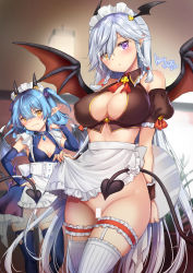 Rule 34 | 2girls, :o, apron, apron lift, artist name, bar censor, bare shoulders, black wings, blue thighhighs, blush, braid, breasts, bridal garter, bridal gauntlets, brown vest, censored, cleavage, cleavage cutout, closed mouth, clothes lift, clothing cutout, copyright request, covered erect nipples, dated, demon girl, demon horns, demon tail, demon wings, detached sleeves, frilled apron, frills, frown, gem, groin, hand on own hip, head wings, heterochromia, highres, holding, holding tray, horns, large breasts, lifting own clothes, long hair, looking at viewer, maid headdress, multiple girls, no panties, parted lips, pointy ears, puffy short sleeves, puffy sleeves, purple eyes, shibi, short sleeves, silver hair, small breasts, straight hair, striped clothes, striped legwear, striped thighhighs, tail, thighhighs, tray, twin braids, two side up, v-shaped eyebrows, vertical-striped clothes, vertical-striped legwear, vertical-striped thighhighs, very long hair, vest, waist apron, waitress, white apron, white legwear, wings, wrist cuffs, yellow eyes