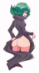 Rule 34 | &gt;:o, 1girl, :o, absurdres, ass, back, blush, bottomless, breasts, dress, from behind, green eyes, green hair, highres, looking back, no panties, one-punch man, open mouth, short hair, sideboob, simple background, solo, tatsumaki, v-shaped eyebrows, white background
