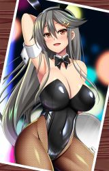Rule 34 | 1girl, alternate costume, animal ears, black bow, black bowtie, black hair, black leotard, bow, bowtie, breasts, brown eyes, brown pantyhose, collar, cowboy shot, detached collar, fake animal ears, fishnet pantyhose, fishnets, hair ornament, hairclip, haruna (kancolle), highres, kantai collection, large breasts, leotard, long hair, looking at viewer, militia minpei, pantyhose, photo (object), playboy bunny, rabbit ears, smile, solo, strapless, strapless leotard, white collar, wrist cuffs