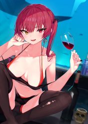 Rule 34 | 1girl, absurdres, bad id, bad twitter id, bare shoulders, bikini, bikini under clothes, black ribbon, black thighhighs, bottle, breasts, collarbone, cup, drinking glass, earrings, fang, fish, foreshortening, glass, groin tendon, hair ribbon, hands up, heart, heart earrings, heterochromia, highres, holding, hololive, houshou marine, jewelry, large breasts, long hair, looking at viewer, open mouth, pomesaurus, red bikini, red eyes, red hair, ribbon, sitting, skindentation, skull cup, smile, solo, strap gap, swimsuit, thighhighs, thighs, torn clothes, torn thighhighs, twintails, virtual youtuber, water, whale, wine bottle, wine glass