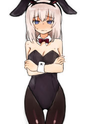 Rule 34 | 1girl, alternate costume, animal ears, black leotard, black pantyhose, blue eyes, bow, bowtie, breasts, cleavage, closed mouth, commentary, cowboy shot, crossed arms, detached collar, fake animal ears, frown, girls und panzer, grey hair, highres, holding, itsumi erika, leotard, looking at viewer, medium breasts, medium hair, one-hour drawing challenge, pantyhose, playboy bunny, rabbit ears, red bow, red bowtie, ri (qrcode), simple background, solo, standing, strapless, strapless leotard, sweat, thigh gap, white background, wing collar, wrist cuffs