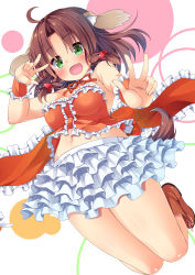 Rule 34 | 1girl, ahoge, animal ears, asa no ha (awayuki), bare shoulders, boots, breasts, brown footwear, brown hair, buttons, cover, cover page, detached collar, dog ears, dog tail, fang, frilled cuffs, frills, green eyes, medium breasts, midriff, navel, neck ribbon, no socks, open mouth, original, red ribbon, ribbon, short hair, solo, tail, w