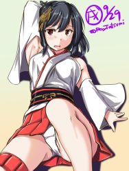 Rule 34 | 1girl, armpits, artist logo, black hair, dated, detached sleeves, hair ornament, kantai collection, looking at viewer, lying, nontraditional miko, open mouth, panties, pantyshot, red eyes, short hair, solo, tatsumi ray, twitter username, underwear, white panties, wide sleeves, yamashiro (kancolle)