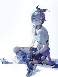 Rule 34 | 1girl, :t, absurdres, black footwear, black shorts, black undershirt, boots, closed mouth, commentary request, controller, cropped shirt, crossed bangs, drill hair, drill ponytail, fishnet socks, fishnets, full body, furioso, game controller, grey eyes, grey hair, hair between eyes, highres, honkai: star rail, honkai (series), long hair, looking at viewer, shirt, shorts, silver wolf (honkai: star rail), simple background, single-shoulder shirt, single barefoot, single boot, single drill, sitting, socks, solo, white background