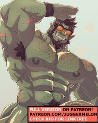 Rule 34 | 1boy, abs, arm hair, arm up, armpit hair, armpits, bara, beard, blush, censored, censored by text, chest hair, colored skin, come hither, cowboy shot, excessive armpit hair, facial hair, green skin, grin, hairy, half-erect, highres, huge pectorals, juggermelon, looking at viewer, male focus, mature male, mohawk, monster boy, muscular, muscular male, navel, navel hair, nipples, orc, original, paid reward available, partially opaque sunglasses, penis, pointy ears, rhys (juggermelon), seductive smile, short hair, smile, solo, stomach, strongman waist, sunglasses, thick arms, thick eyebrows, thick thighs, thighs, tusks, veins, veiny penis