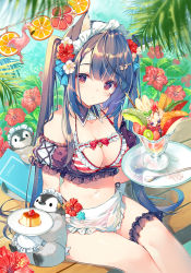 Rule 34 | 1girl, animal, animal ear fluff, animal ears, apron, bare shoulders, bikini, bird, black hair, blurry, breasts, bridal garter, cat ears, cleavage, closed mouth, collarbone, crop top, depth of field, detached collar, expressionless, flamingo, flower, hair flower, hair ornament, hairclip, halterneck, hibiscus, highres, holding, holding tray, long hair, looking at viewer, maid, maid apron, maid headdress, medium breasts, miwabe sakura, mole, mole under eye, navel, off shoulder, original, parfait, penguin, red bikini, red eyes, red flower, see-through, side-tie bikini bottom, sitting, solo, spoon, striped bikini, striped clothes, swimsuit, thighs, tray, twintails, very long hair, wrist cuffs