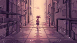 Rule 34 | 1girl, alley, arm at side, ayumaru (art of life), backlighting, bag, blurry, blurry background, checkered floor, city, dot nose, expressionless, floor, hair ribbon, hallway, highres, industrial pipe, juliet sleeves, kaname madoka, light particles, loafers, long sleeves, looking at viewer, looking back, mahou shoujo madoka magica, mahou shoujo madoka magica: hangyaku no monogatari, mitakihara school uniform, monochrome, neck ribbon, parted lips, plaid, plaid skirt, pleated skirt, puffy sleeves, ribbon, school bag, school uniform, sepia, shadow, shoes, short twintails, skirt, solo, spot color, thighhighs, twintails, vanishing point, wall, wide shot, yellow ribbon, zettai ryouiki
