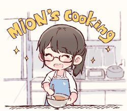 Rule 34 | 1girl, :d, ^ ^, akb48, apron, blue apron, blurry, blurry background, blush, bowl, character name, chibi, closed eyes, commentary, cooking, english commentary, english text, kitchen, long hair, mole, mole under eye, mukaichi mion, open mouth, ponytail, real life, rice cooker, shirt, sidelocks, smile, solo, sparkle, spoon, stirring, taneda yuuta, upper body, white shirt