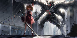 Rule 34 | 1girl, absurdres, ascot, backlighting, blonde hair, breasts, city, collared shirt, flandre scarlet, full body, glowing, glowing eyes, hat, highres, holding, holding sword, holding weapon, looking at viewer, mary janes, medium hair, mob cap, multicolored wings, outdoors, puffy short sleeves, puffy sleeves, red eyes, red footwear, red ribbon, red skirt, red vest, ribbon, ribbon-trimmed headwear, ribbon trim, shirt, shoes, short sleeves, side ponytail, size difference, skirt, skirt set, small breasts, socks, standing, sword, top-exerou, touhou, vest, weapon, white headwear, white shirt, white socks, wings, yellow ascot