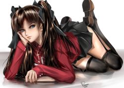 Rule 34 | 1girl, bad id, bad pixiv id, black thighhighs, blue eyes, book, brown hair, cross, fate/stay night, fate (series), female focus, garter straps, highres, jewelry, lips, long hair, long legs, looking at viewer, necklace, rx?, skirt, smile, solo, thighhighs, tohsaka rin, twintails, two side up