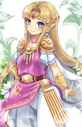 Rule 34 | 1girl, absurdres, aqua eyes, armor, bead necklace, beads, belt, blonde hair, blush, bracelet, breasts, cape, circlet, collarbone, commentary request, cowboy shot, dress, earrings, highres, jewelry, long hair, looking at viewer, maremay0513, medium breasts, necklace, nintendo, pauldrons, pelvic curtain, pink dress, plant, pointy ears, princess zelda, short sleeves, shoulder armor, side slit, sidelocks, simple background, smile, solo, standing, super smash bros., the legend of zelda, the legend of zelda: a link between worlds, the legend of zelda: a link to the past, triforce, very long hair, white background, white cape, white dress