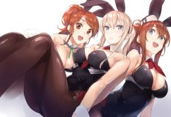 Rule 34 | 10s, 3girls, animal ears, aquila (kancolle), bare arms, bare shoulders, black legwear, blonde hair, blue eyes, breasts, brown hair, cleavage, collarbone, detached collar, fake animal ears, graf zeppelin (kancolle), hair between eyes, kantai collection, leotard, looking at viewer, medium breasts, multiple girls, necktie, open mouth, orange hair, pantyhose, playboy, playboy bunny, ponytail, rabbit ears, rabbit tail, red necktie, saratoga (kancolle), sitting, smile, tail, wrist cuffs, yomo (majidon)